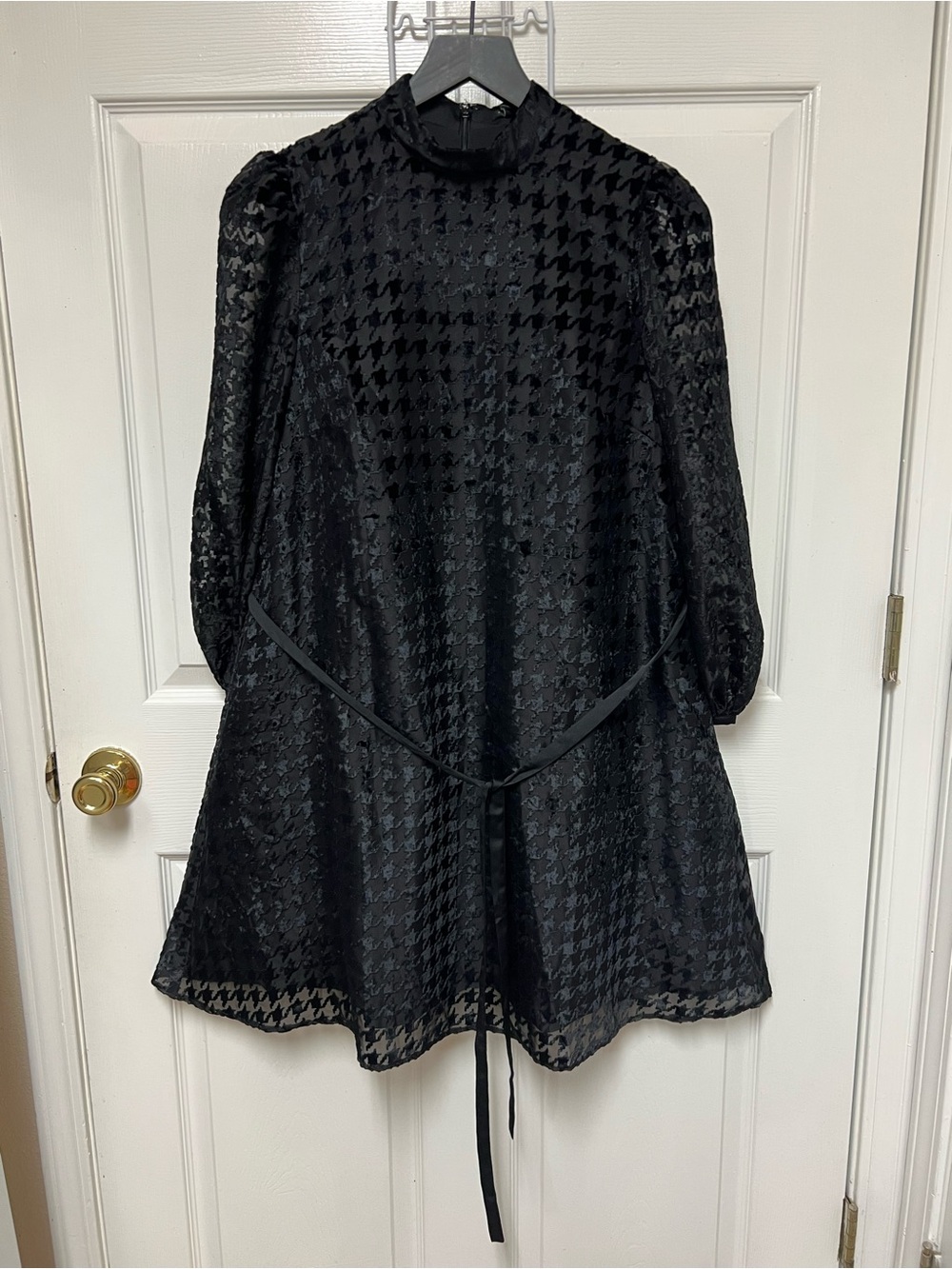 Ann Taylor Black Houndstooth Long Sleeve Sheer Mini Dress